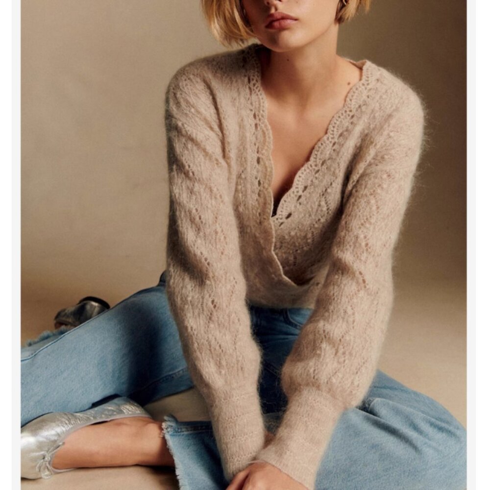 BEST Sezane Nathalia Jumper Small Mottled Beige Sweater V-Neck Wool French Causa